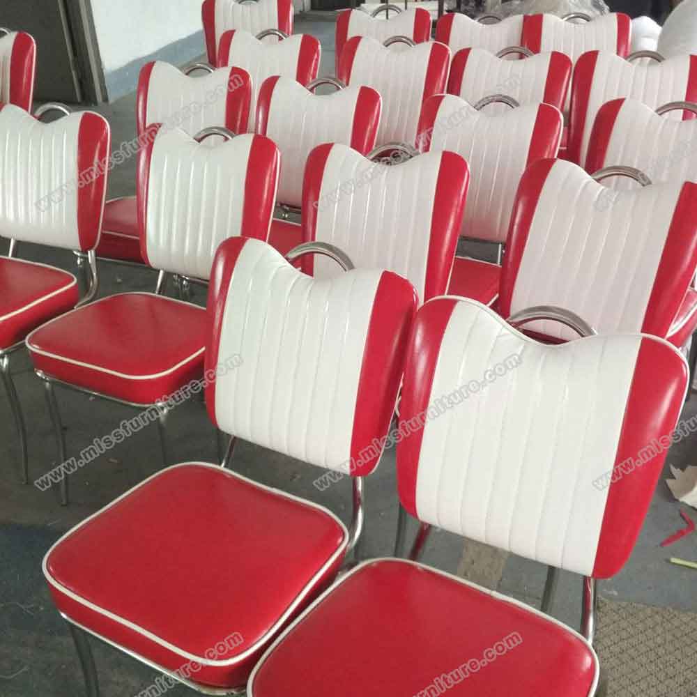 Red pu leather stripe back steel american retro dinette chairs, with handle stainless steel red colour american style 1950s dinette chairs, American 1950s style retro diner chair furniture M-8368