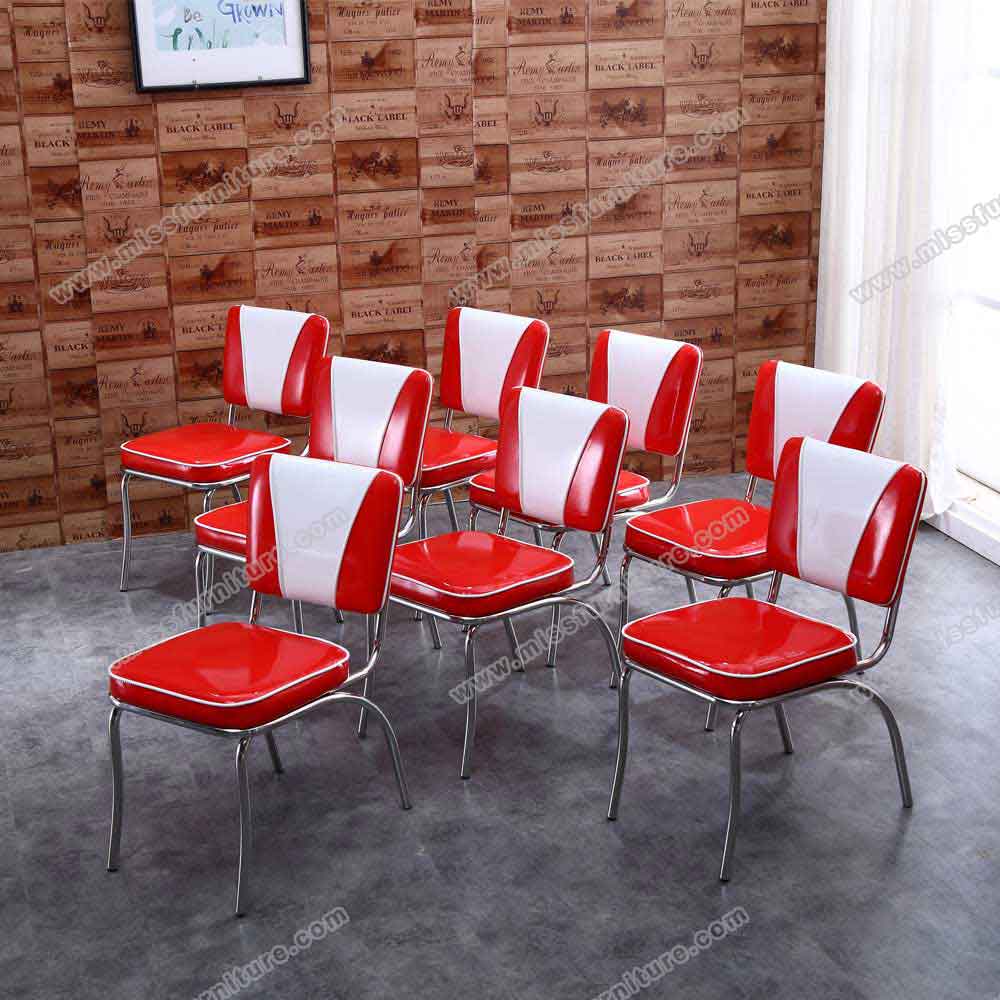 Classic rubby and white color vinyl V back midcentury american dinette chairs, with V back american 1950s stainless steel dinette chairs, American 1950s style retro diner chair furniture M-8325