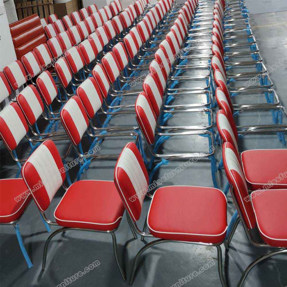 Stripe back red and white leather 1950s retro dining room chairs, red color steel frame retro 1950s dining chair with stripe backrest, American 1950s style retro diner chair furniture M-8369