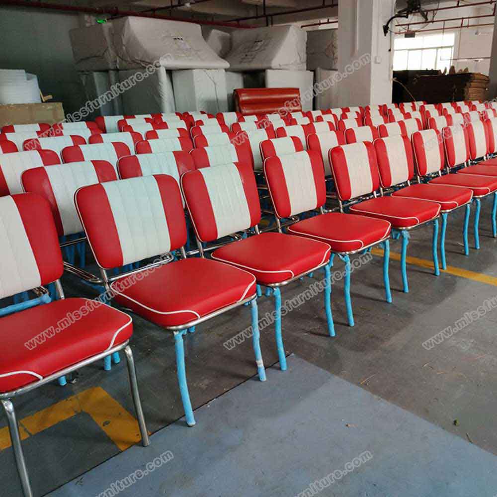 Blue leather thin seat and button back american fast food chairs, 4 button backrest blue american 1950's fast food chrome chairs, American 1950s style retro diner chair furniture M-8341