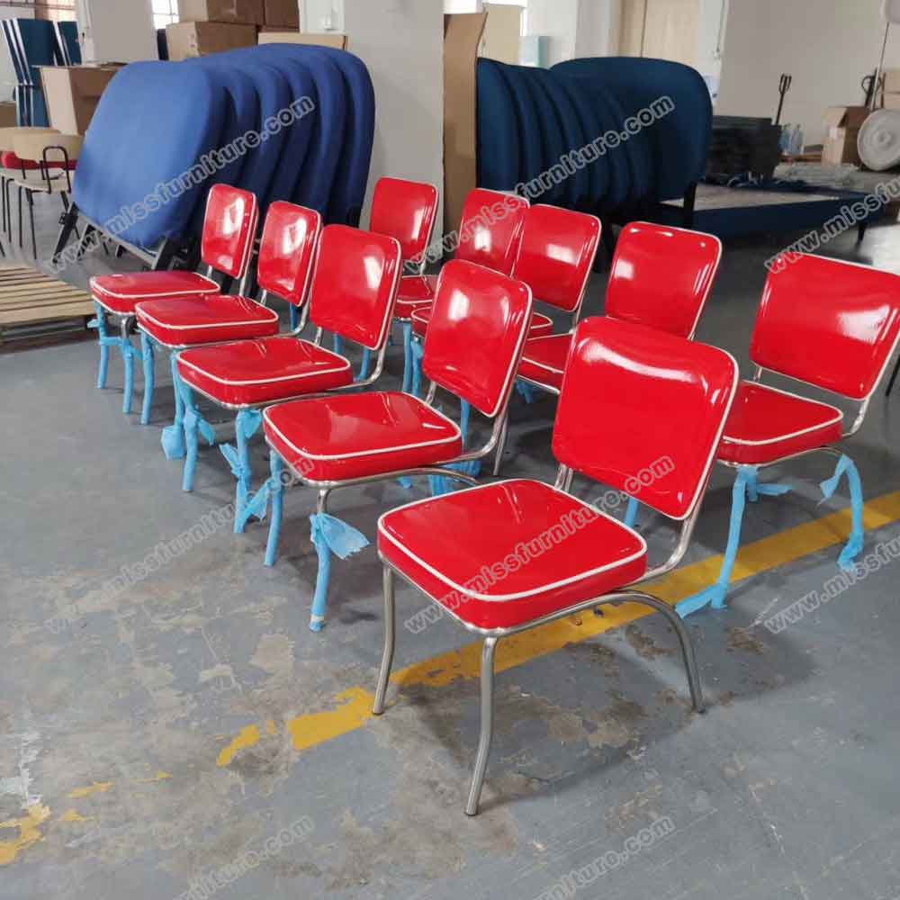 High quality red color vinyl stainless steel frame 1950's diner chairs, red leather back and seat kitchen 50's diner chairs