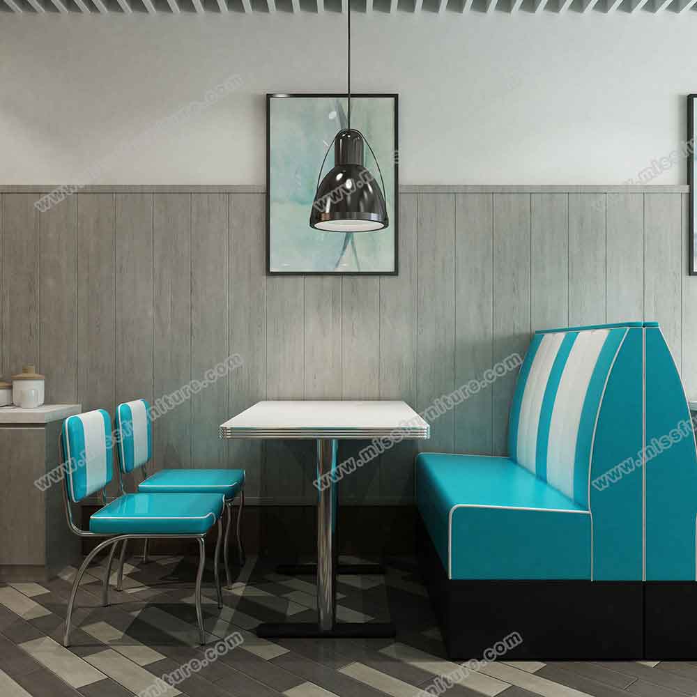 Turquoise leather midcentury retro restaurant booth sofas and table chairs set, retro diner high bar chairs and bar counter set gallery