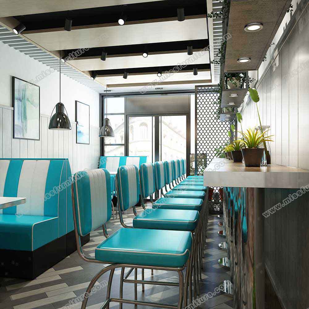 Turquoise leather midcentury retro restaurant booth sofas and table chairs set, retro diner high bar chairs and bar counter set gallery