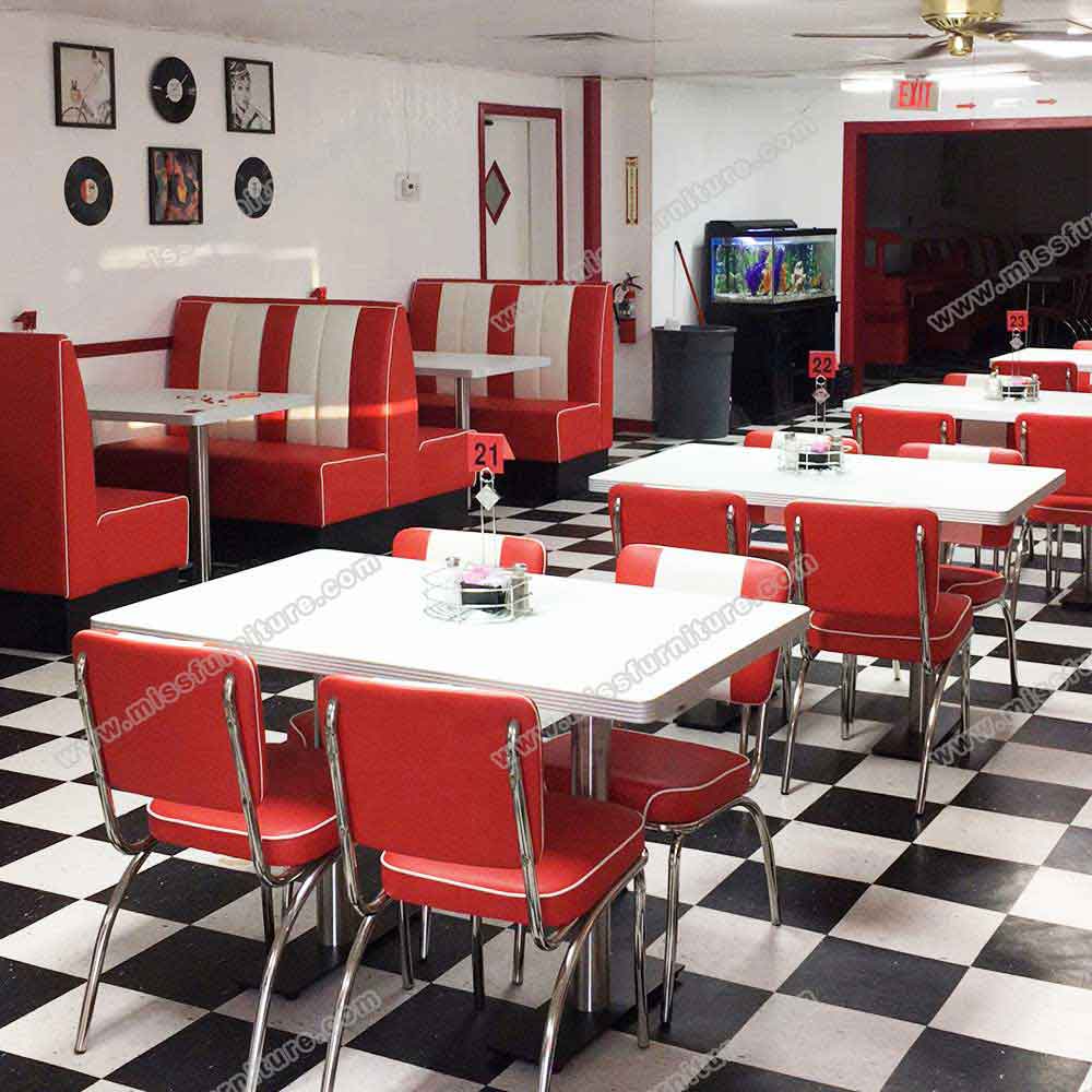 Classic red and white american retro diner booth sofas and table set, retro diner chairs and table set furniture gallery