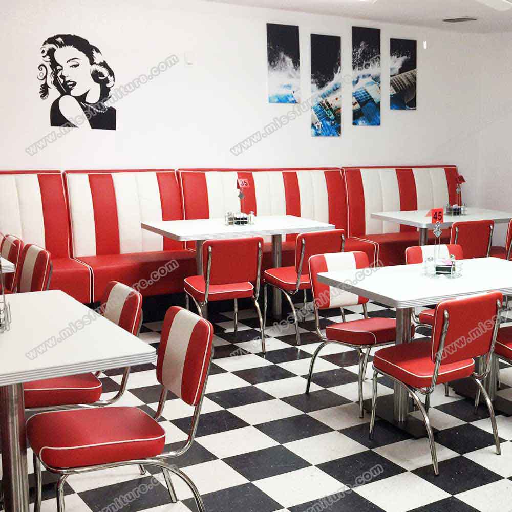 Red and white stripe backrest vintage american style retro 50s dining room chairs and table set, red leather 1950s style american retro dining table and chairs set, American 1950s retro diner table and chairs set furniture R-8995