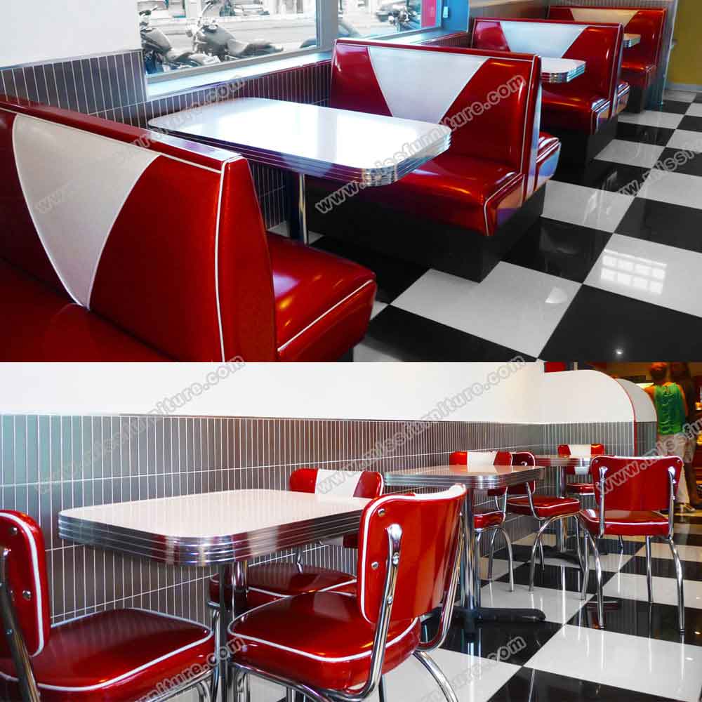 Back to back double side 4 seat V backrest midcentury 1950s style retro diner booth seating with table set, doubleside red retro 50s diner table and booth seating set, American 1950s retro diner table and booth seating set furniture R-8150