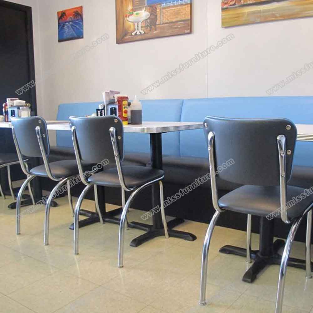 High quality dark blue vinlyl 1950s retro diner chairs with table and booth set, 4 seat american 50s diner table set gallery