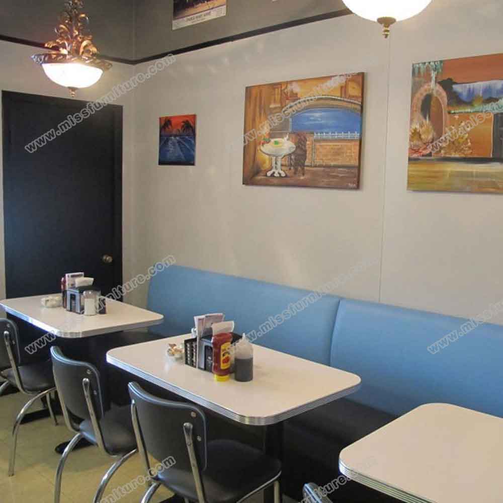 High quality dark blue vinlyl 1950s retro diner chairs with table and booth set, 4 seat american 50s diner table set gallery