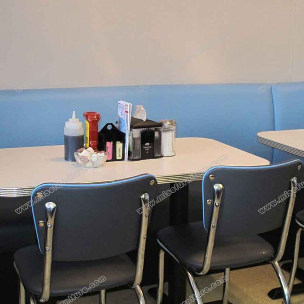 High quality dark blue vinlyl 1950s retro diner chairs with table and booth set, 4 seat american 50s diner table set gallery