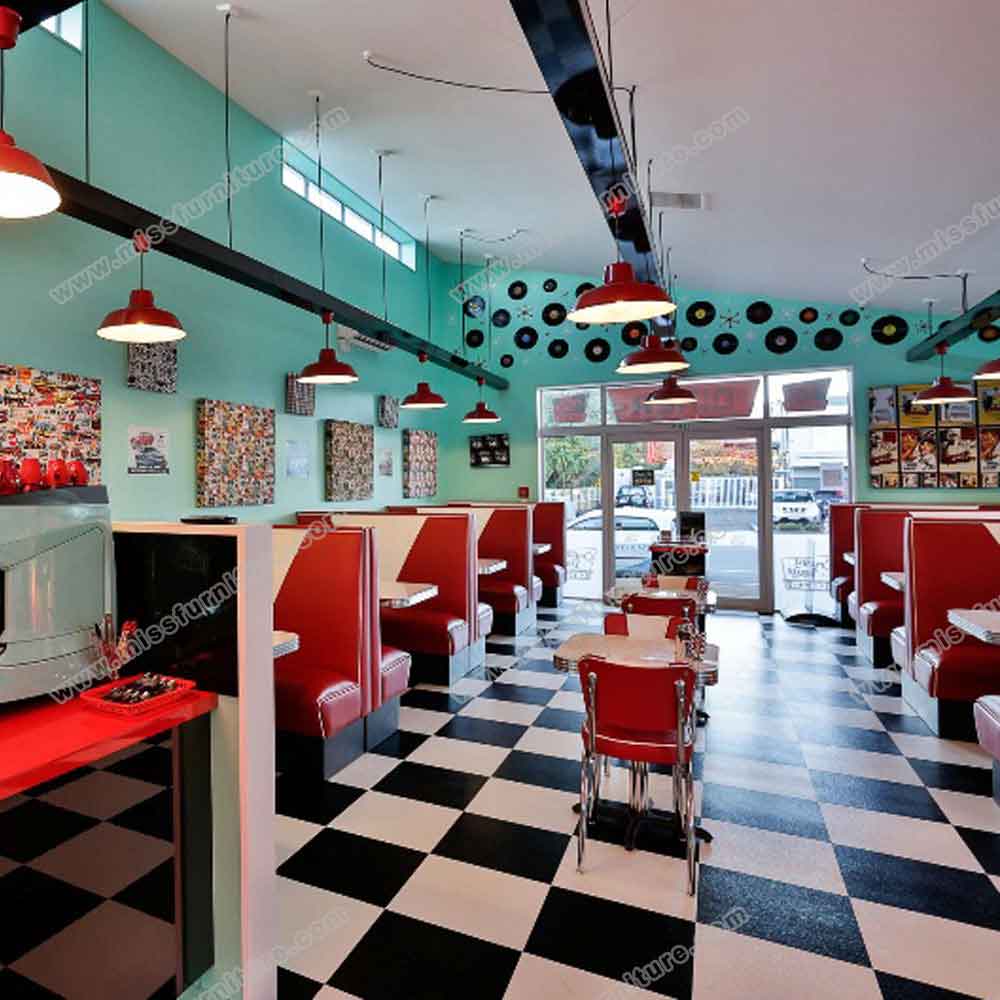 Customize red and white V shape retro 1950s diner booth seating and table set, red V shape 1950s diner chairs and tables set gallery