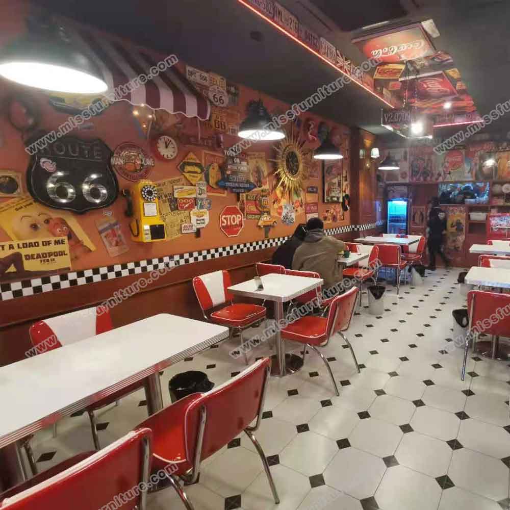 Classic red and white V shape 1950s diner chairs and table set, 4 seat V shape red 1950s diner chairs and table set gallery