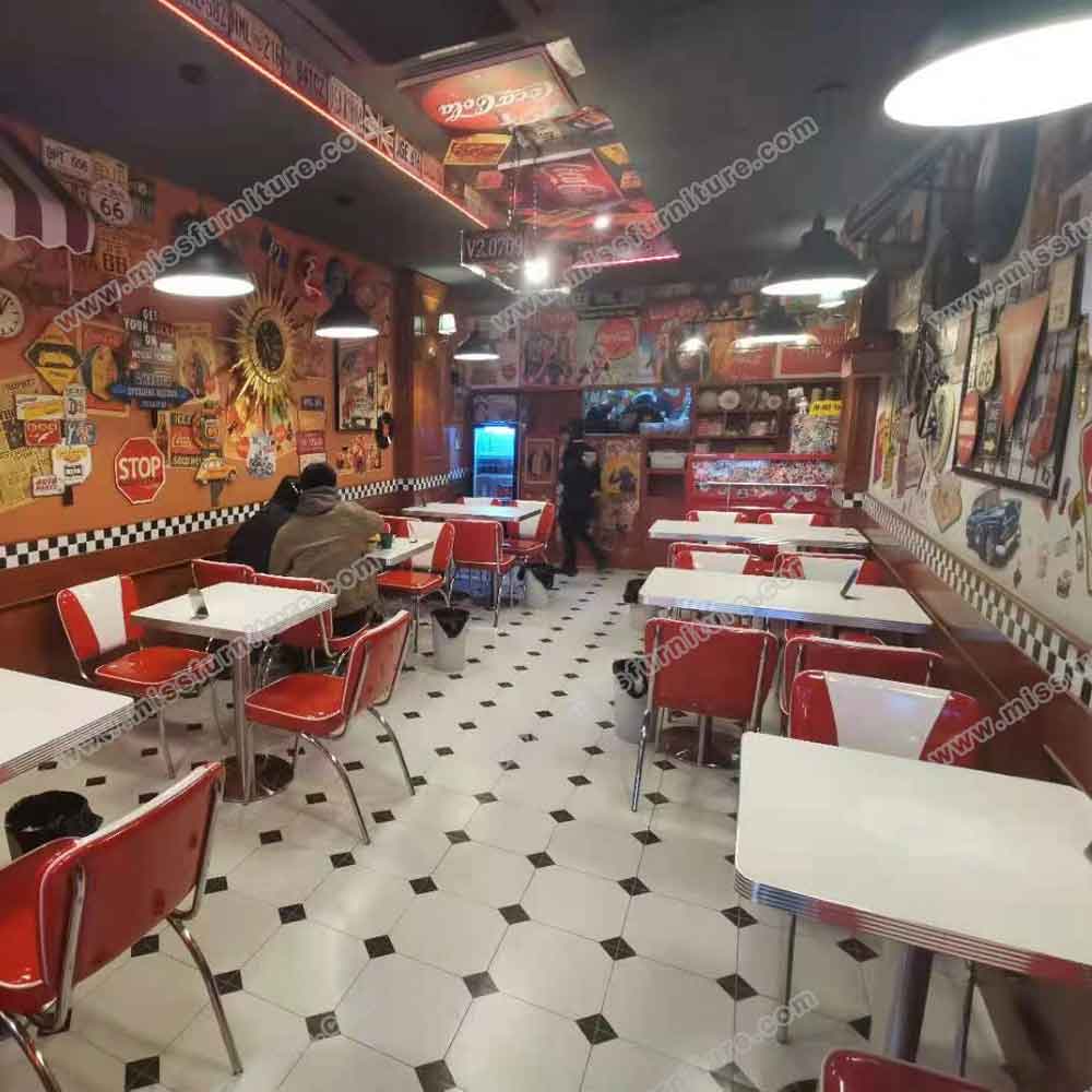 Classic red and white V shape 1950s diner chairs and table set, 4 seat V shape red 1950s diner chairs and table set gallery