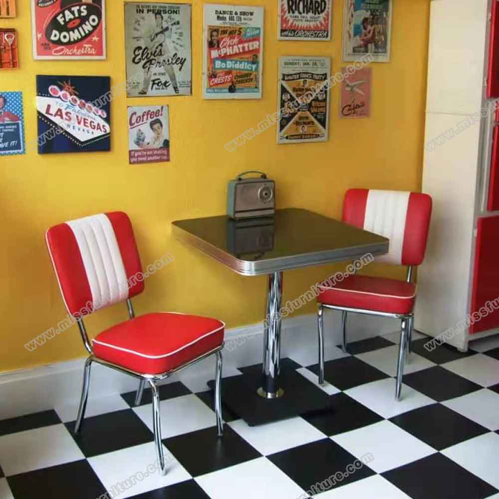 Classic red and white sripe back 1950s diner chairs and table, black color retro 1950s diner table and red diner chair set gallery