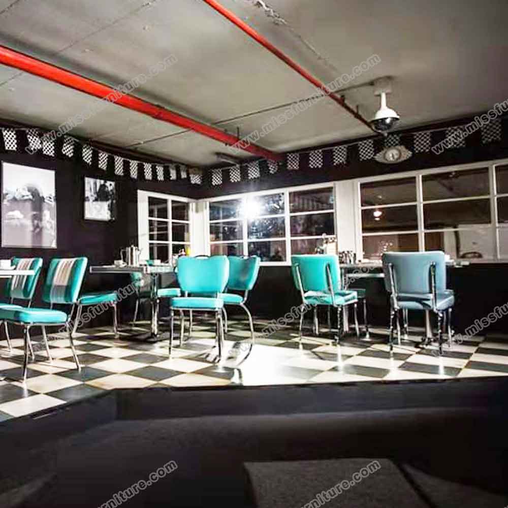 High quality turquoise vinyl 1950s retro diner chairs and table set and classic 1950s diner table and chair set gallery