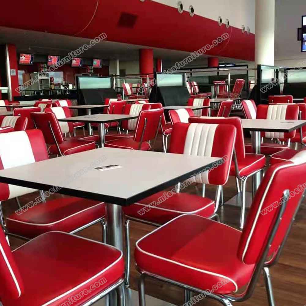 Customize red and white vinyl 1950s diner chairs and table set, 4 seat square retro 1950s diner table and chairs set gallery