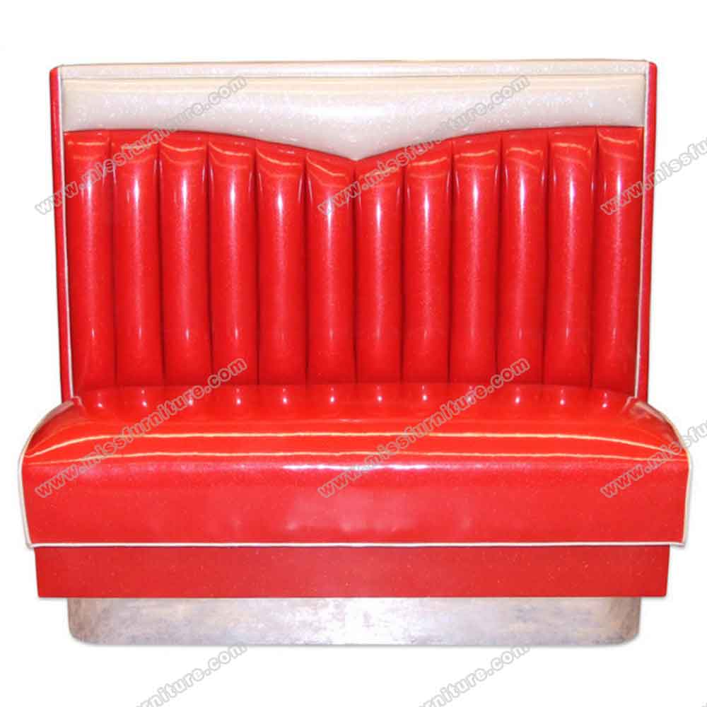 Red and white wave top 1960's retro diner booth seating, red wave top with stainless steel footer retro 1960s booth sofas seating, American 1950s style retro diner booth seating furniture M-8528