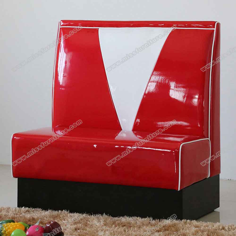 Gloss red leather back to back red 1950s retro diner booth seating, american style restaurant red V backrest 50s diner booth seating, American 1950s style retro diner booth seating furniture M-8549