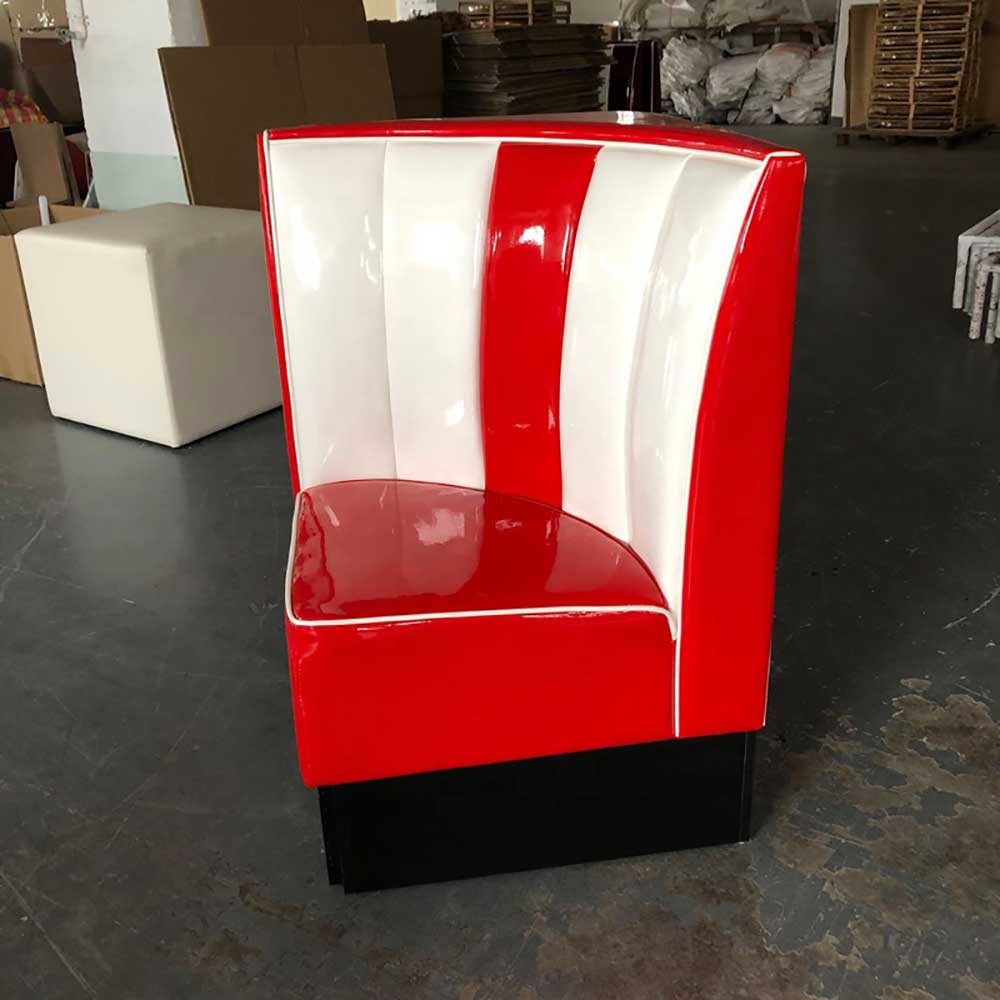 Customzie red and white stipe back retro corner 50s diner booth, customize midcentury American style retro corner diner booth couches, American 1950s style retro diner booth seating furniture M-8575