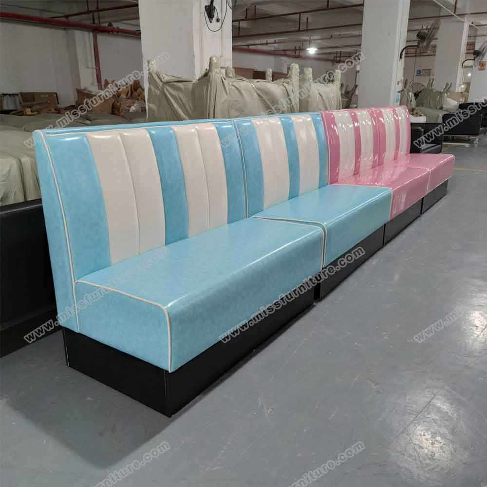 High quality turquoise color thick seating restaurant retro diner booth sofas, stripe back midcentury american restaurant retro booth sofas,American 1950s style retro diner booth seating furniture M-8502