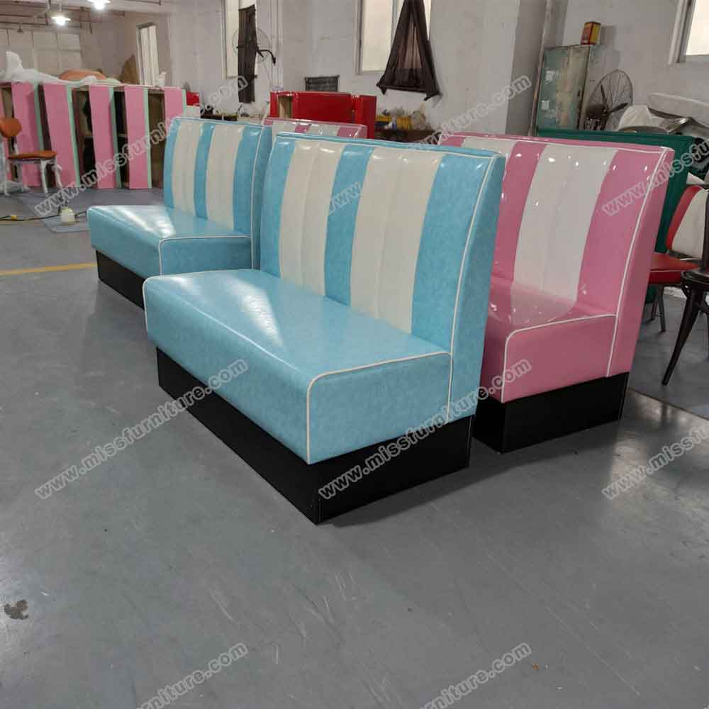 Hot sale american diner light blue/pink leather color with black fireproof footer retro diner booth seating gallery