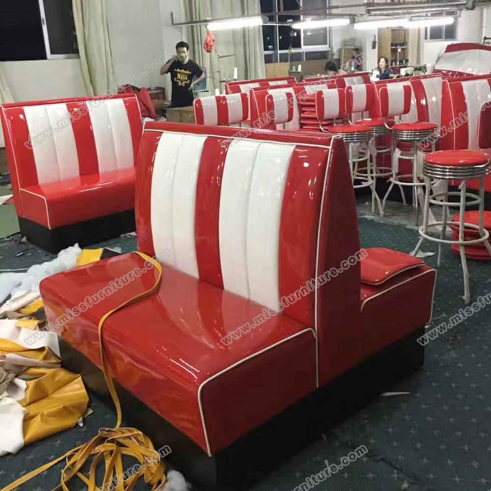 Factory produce doubleside 4 seater American style 50's gloss red PVC leather retro diner booth sofas gallery