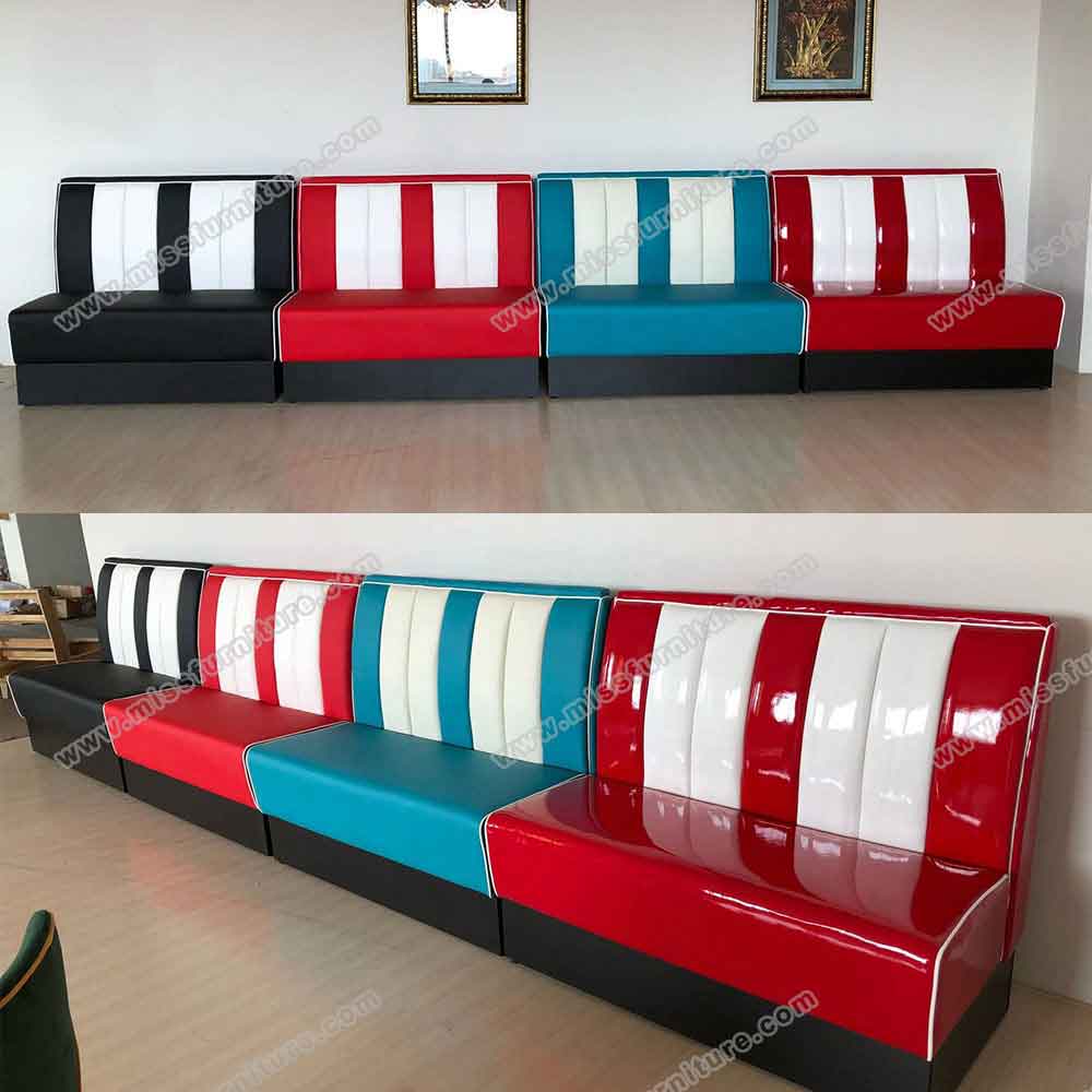 Metal frame red and white 3 seat 1960s retro dining booth couches, stripe back 59in red leather retro 1960s dining room booth couches, American 1950s style retro diner booth seating furniture M-8565