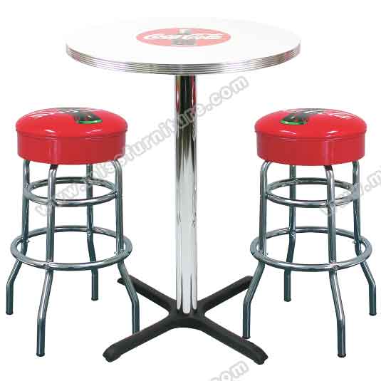 American 1950s style retro bar tables and chairs set R-8604, hotsale red color with cola pattern 1950s american dining room retro bar stools and bar table set, 50s retro diner bar table and chairs set