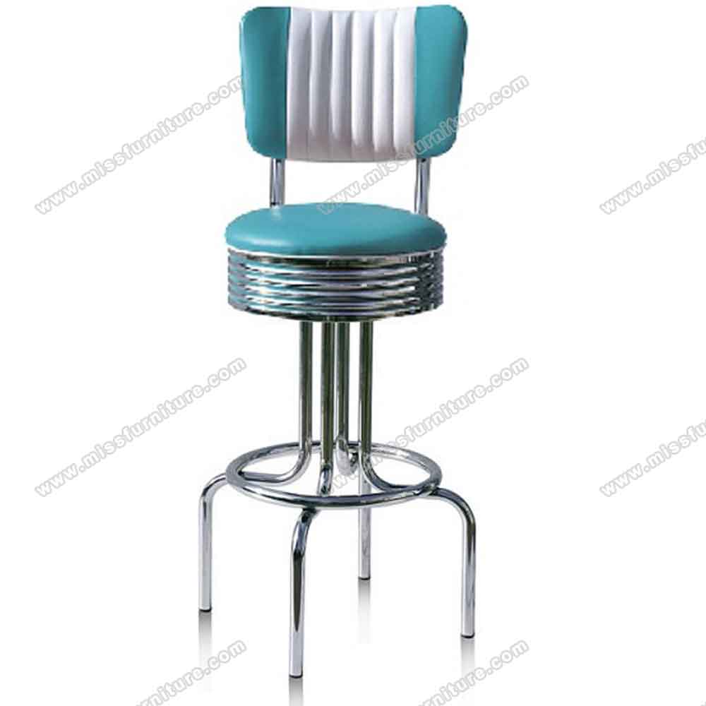 Wholesale yellow/turquoise leather color chrome 1960's american diner bar stools, stripe back high seater 1960s retro diner chrome bar stools,American 1950s style retro diner bar stools furniture R-8804