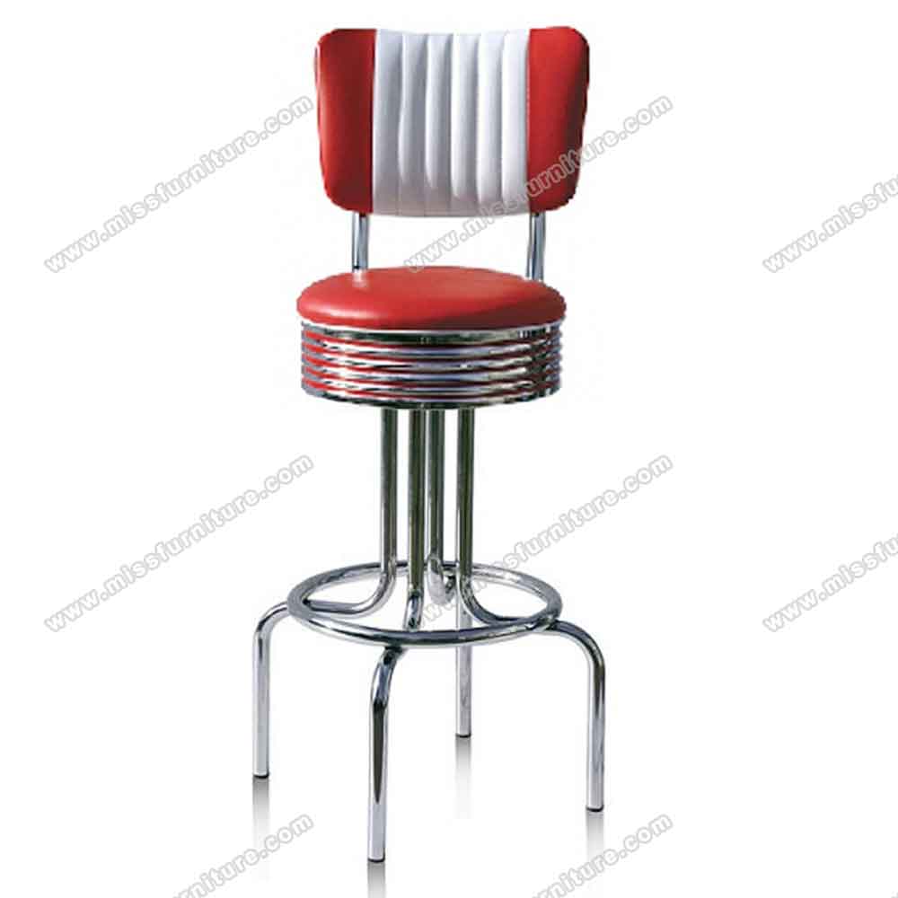 Classical black/red color vinyl #304 steel stripe back round 50s restaurant bar chairs, stainless steel thin seater restaurant american 50s bar stools,American 1950s style retro diner bar stools furniture R-8806