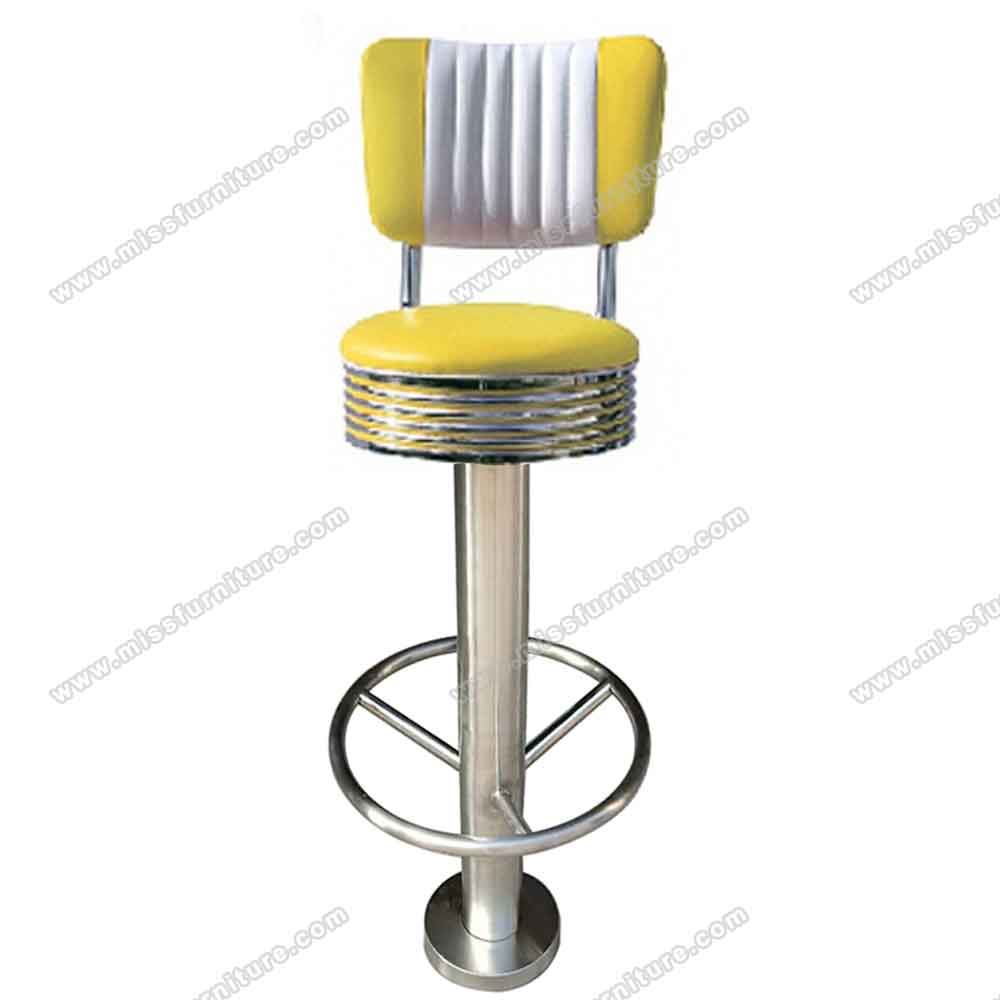 Colorful turquoise/yellow leather 65/75cm round seater height cafeteria retro barstools, fixed to floor with screws chrome retro cafeteria bar stools,American 1950s style retro diner bar chairs furniture R-8809