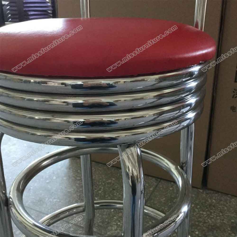 Steel red and white round american style retro 50s bar stools, dining room stainless steel red stripe back round 1950s retro bar stools chairs, American 1950s style retro diner bar stools furniture R-8837