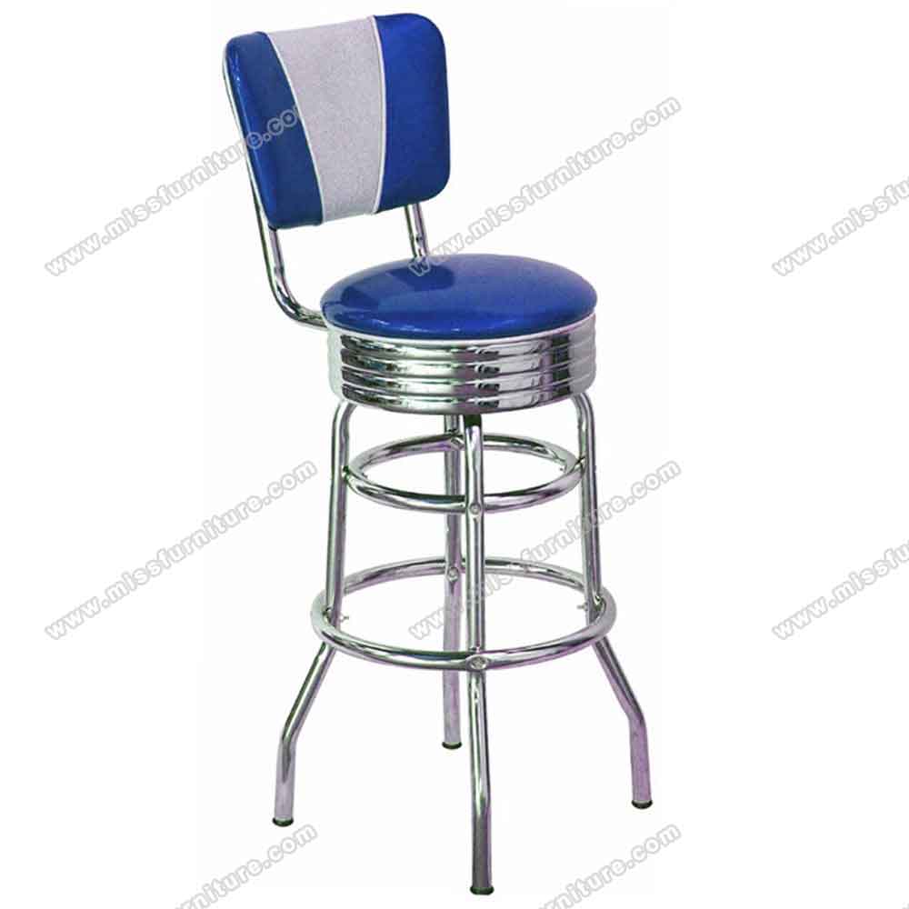 High quality blue/rubby V backrest restaurant steel 1950's bar stools, steel frame V shape backrest 50's restaurant retro bar stools for sale, American 1950s style retro diner bar stools furniture R-8815