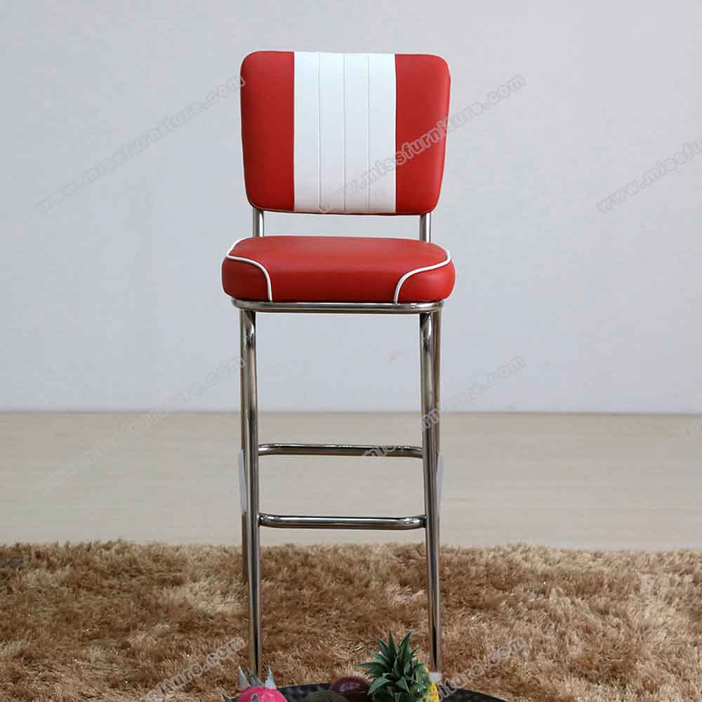 Red and white leather stripe back with piping american 50s bar chairs, red colour stainless steel frame midcentury american bar chairs furniture, American 1950s style retro diner bar stools furniture R-8823