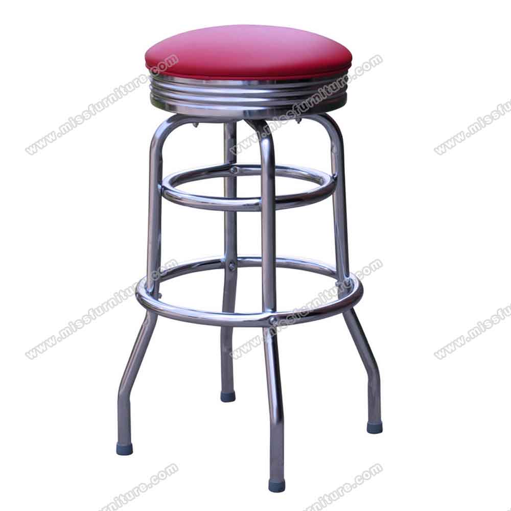 , American 1950s style retro diner bar stools furnitureRound seat red leather midcentury retro bar stools with steel frame, round stainless steel frame restaurant retro 1950s bar stools furniture R-8827