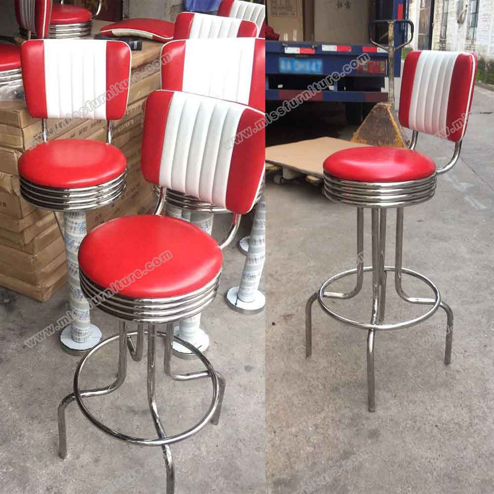 Midcentury dinette brown PVC round short retro bar stools, steel frame with round brown seat 21.5inch height retro 50s bar stools chairs, American 1950s style retro diner bar stools furniture R-8831