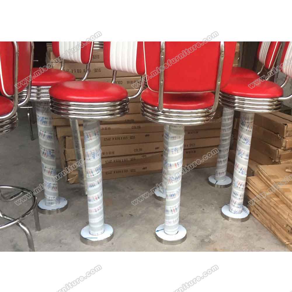 Red PU leather restaurant round chrome retro bar stools, american style vintage gross red round seat chrome retro bar stools furniture, American 1950s style retro diner bar stools furniture R-8829