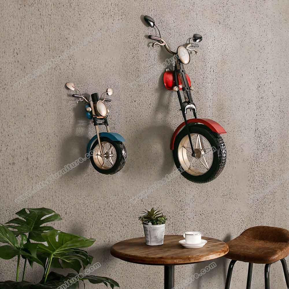 Midcentury retro diner motorcycle with tyre wall decor, red color pendant 1950s diner motor models wall decor, classic 1950s retro diner decor design R-89141