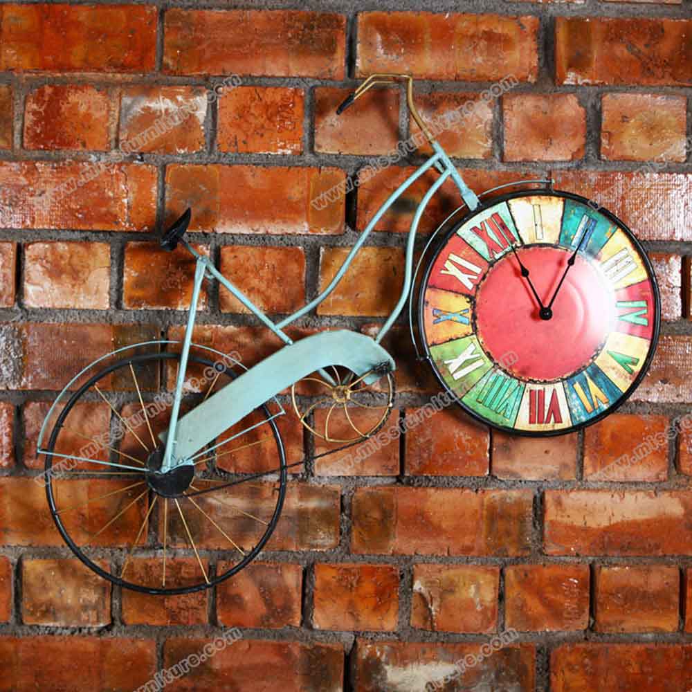 Iron bike with colorful clock diner wall decor, 50's retro diner wall decor design pendant old bicycle and clock, classic 1950s retro diner decor design R-89121