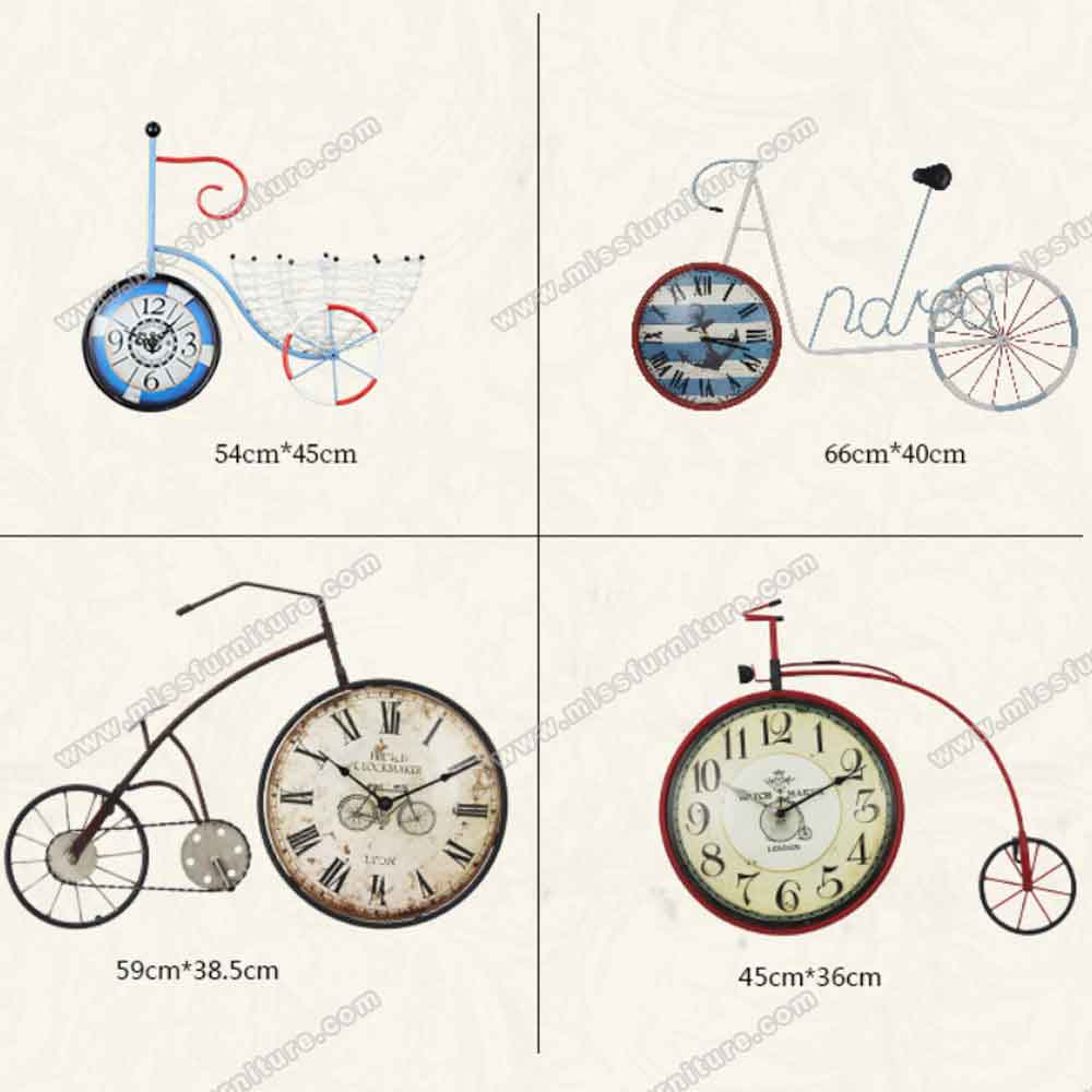 Iron bike with colorful clock diner wall decor, 50's retro diner wall decor design pendant old bicycle and clock, classic 1950s retro diner decor design R-89123