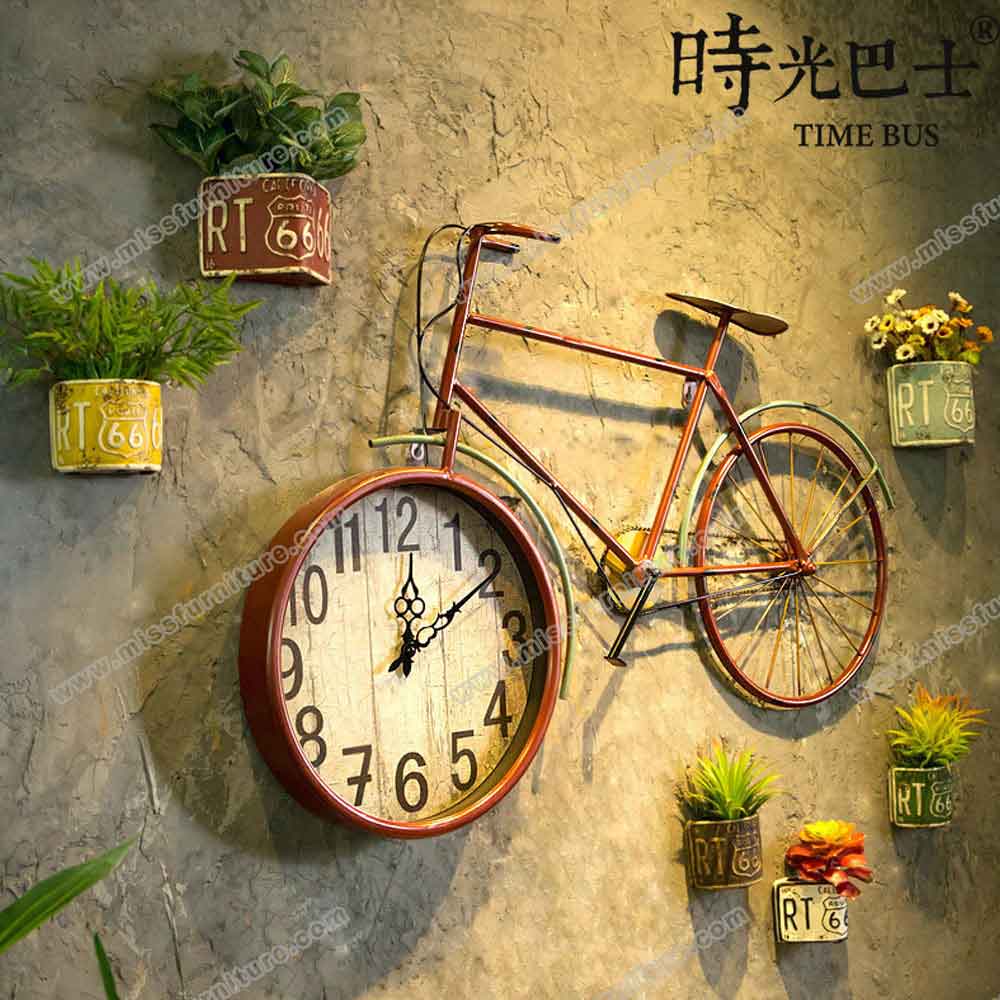 Iron bike with colorful clock diner wall decor, 50's retro diner wall decor design pendant old bicycle and clock, classic 1950s retro diner decor design R-89122