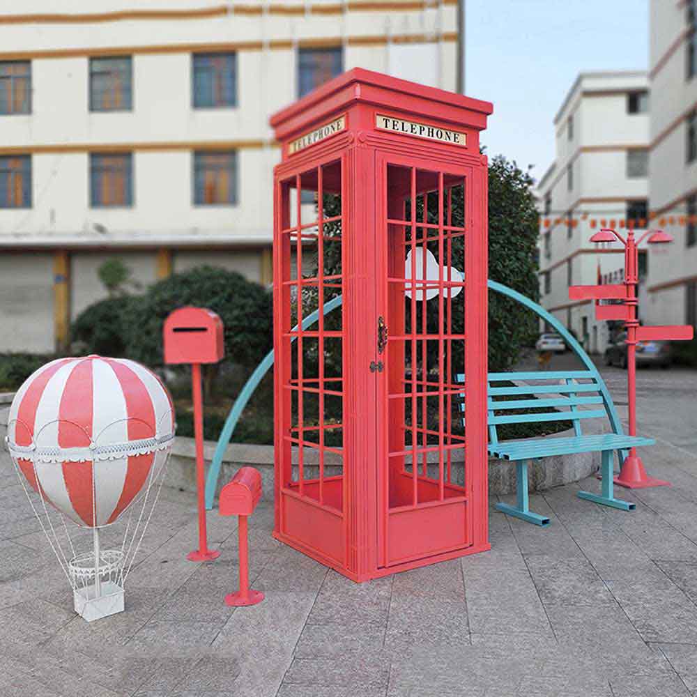 American 1950s retro diner red metal telephone booth, metal telephone kiosk, red metal mailbox, metal bench, metal signage models, classic 1950s retro diner metal telephone kiosk models R-8925