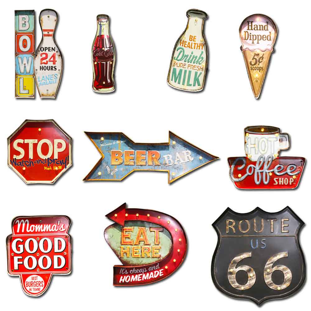 Midcentury American style 1950s retro 66 ROUTE LED signage, customize 1950s style metal with LED lights diner signage, classic 1950s retro diner metal 66 ROUTE LED signage R-8927