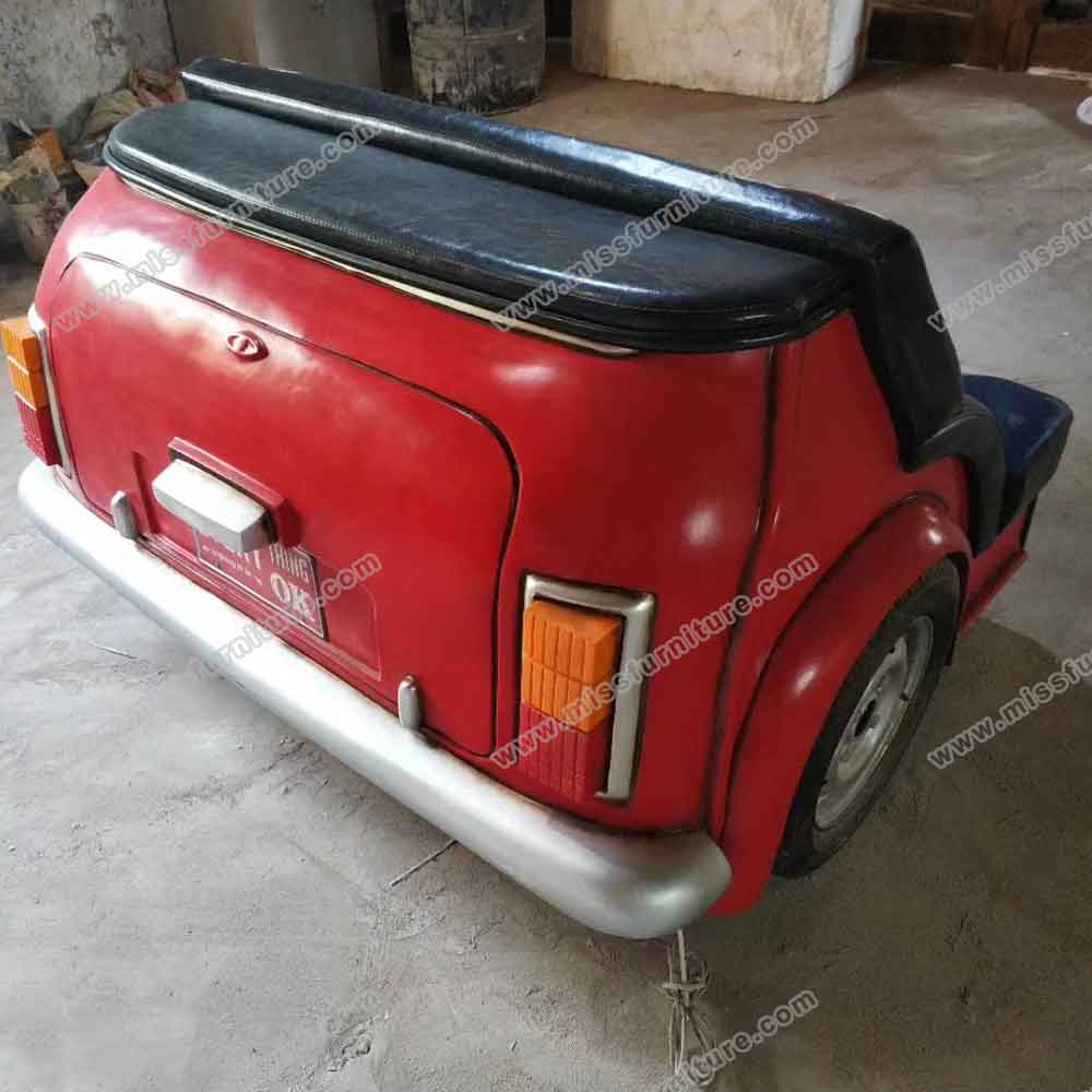 Old red color mini BMW back car kids couch, customize red painting mini bmw car back part double couch sofas for diner, American 1950s style classic race car couch sofas furniture R-8973