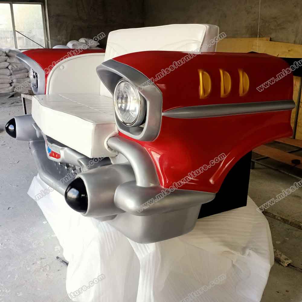 Classic red painting 1957 chevy car seat couch, white leather double seat 57 chevy car back seat couch for american retro diner, American 1950s style classic race car couch sofas furniture R-8970